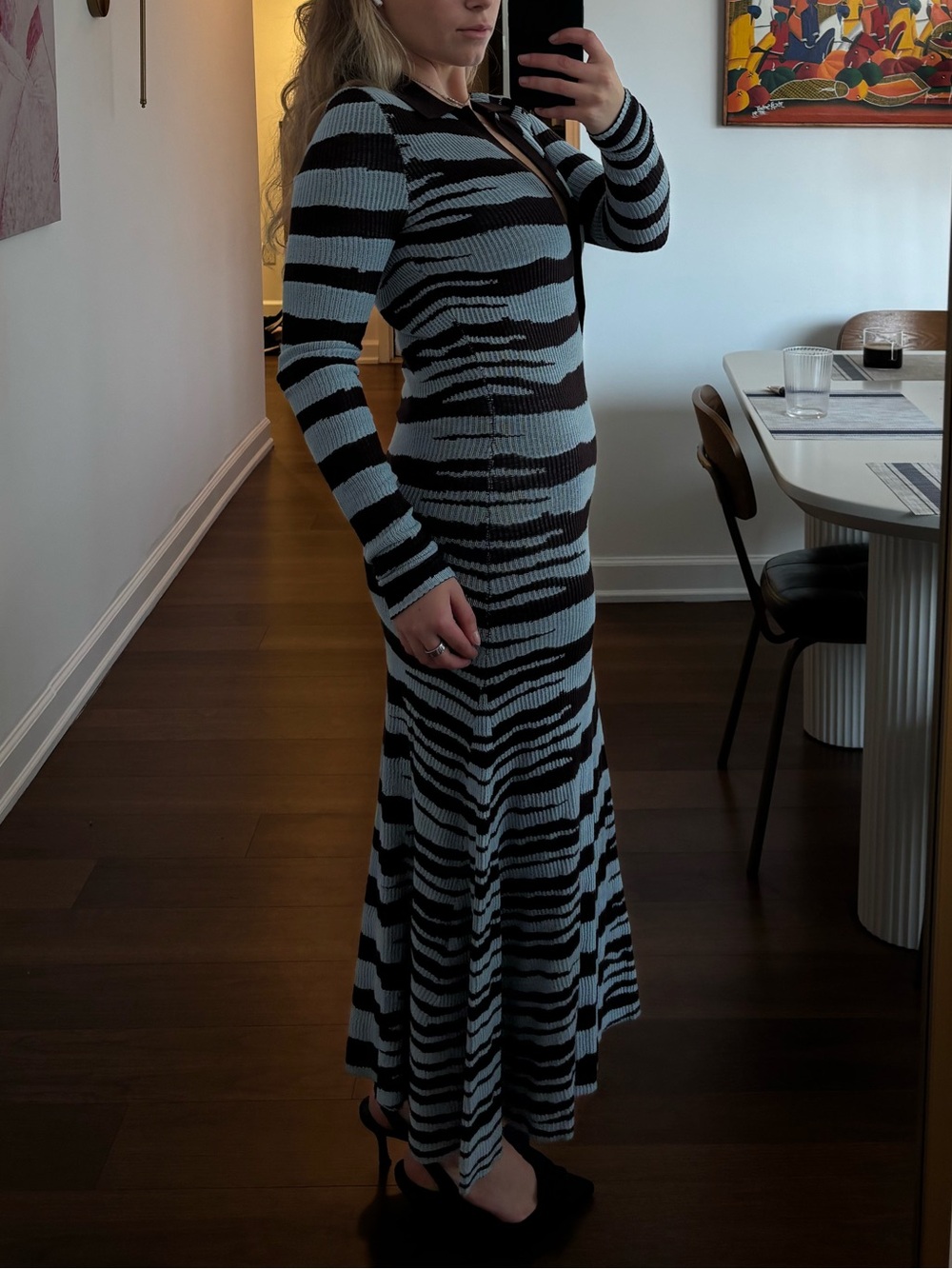 Striped Long-Sleeve Maxi Dress in Blue and Black